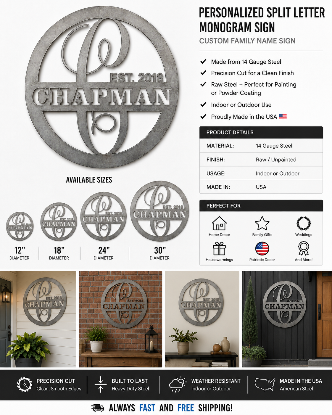 12"–30" Personalized Split Letter Monogram Metal Sign – Custom Family Name – Raw Steel