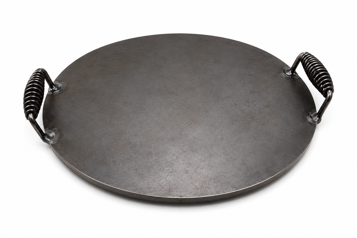 1/4" Steel Pizza Plate with Welded Spring Handles – Pre-Seasoned Cooking Steel for Pizza, Grill & Oven – USA Made Steel