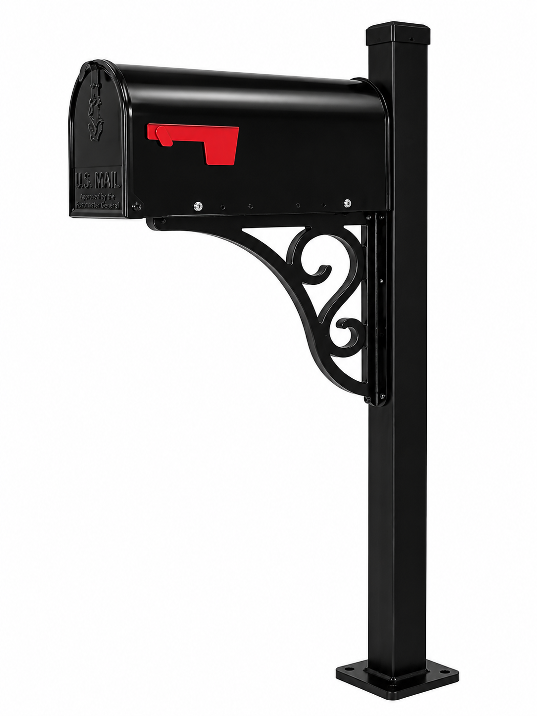 Custom Steel Mailbox Post with Mailbox Included ā 3" x 3" Square Steel Tubing, Black Powder Coat Finish, Decorative Scroll Brackets, Surface Mount Base Plate, Made in USA