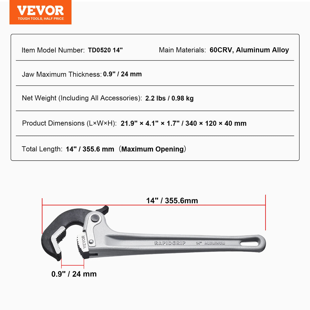 Aluminum Straight Pipe Wrench | Heavy-Duty Adjustable Plumbing Wrench