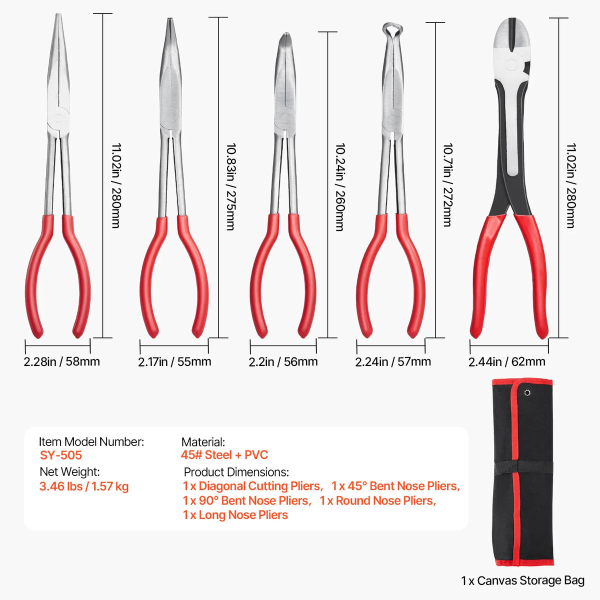 5-Piece Long Reach Precision Pliers Set – Needle Nose, Bent Nose & Cutting Pliers