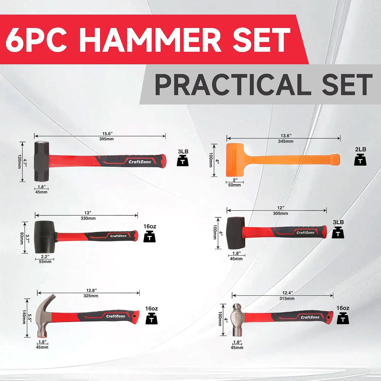 6-Piece Hammer Set – Dead Blow, Sledge, Ball Peen, Claw & Rubber Mallet with Fiberglass Handles