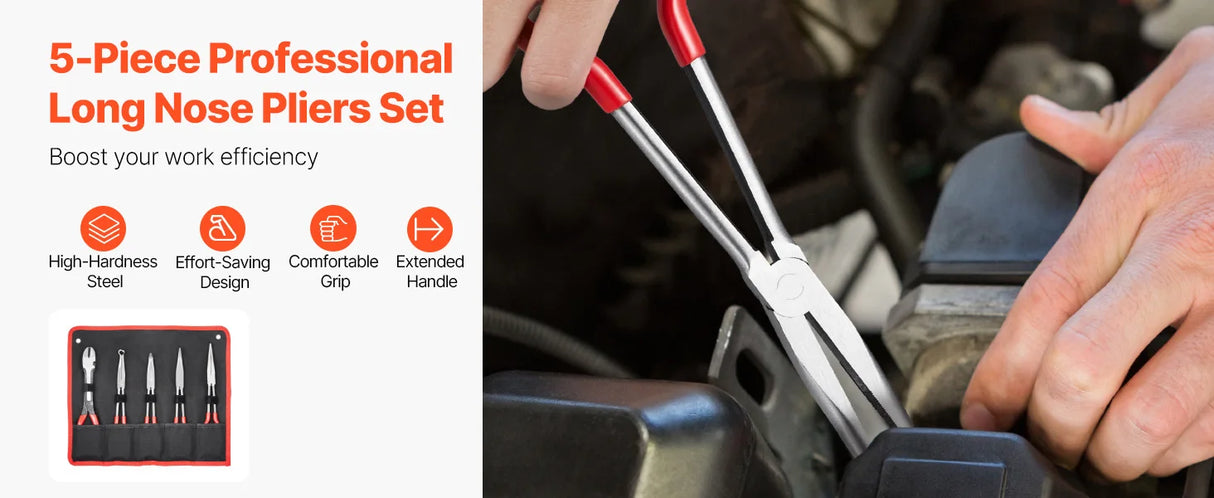 5-Piece Long Reach Precision Pliers Set – Needle Nose, Bent Nose & Cutting Pliers