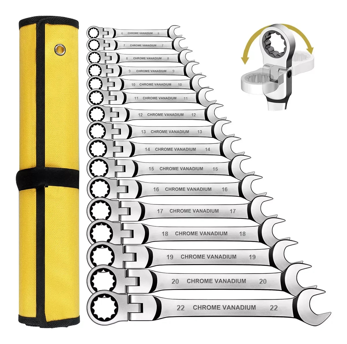 12-Piece Flex Head Ratcheting Wrench Set β Metric Combination Spanner Set 8mmβ19mm with Storage Roll