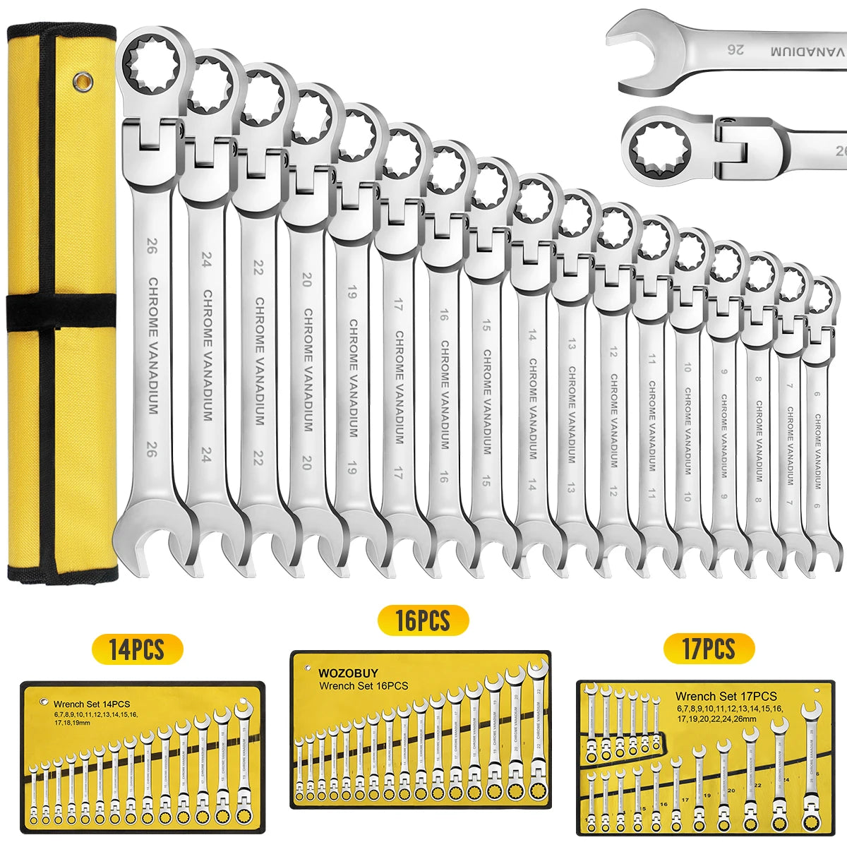 12-Piece Flex Head Ratcheting Wrench Set β Metric Combination Spanner Set 8mmβ19mm with Storage Roll