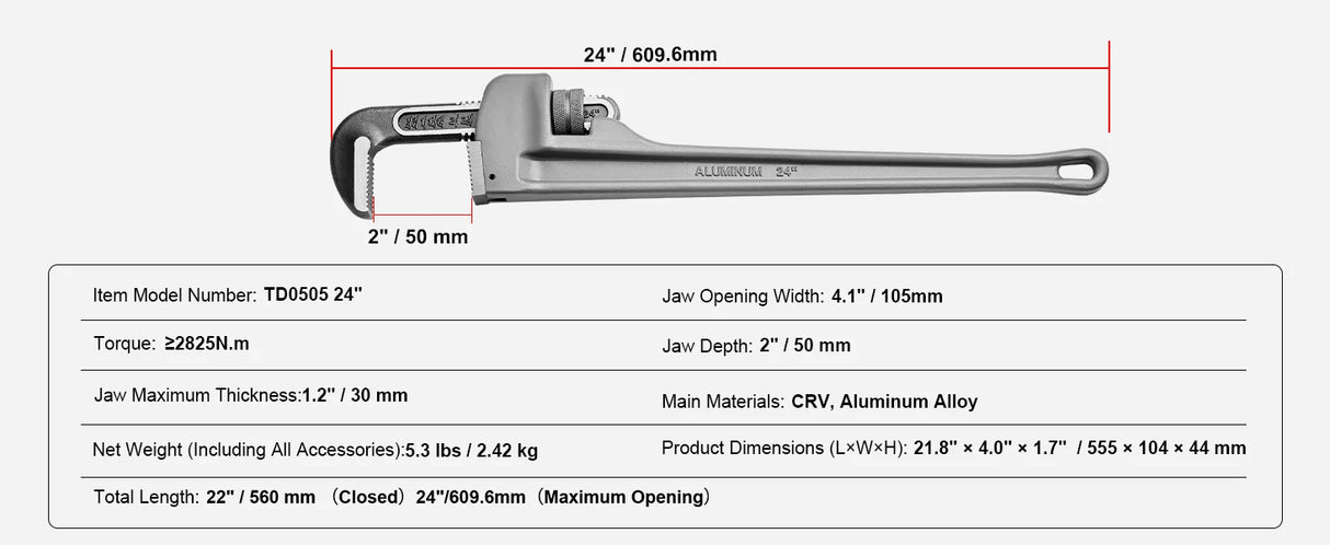 Aluminum Straight Pipe Wrench | Heavy-Duty Adjustable Plumbing Wrench