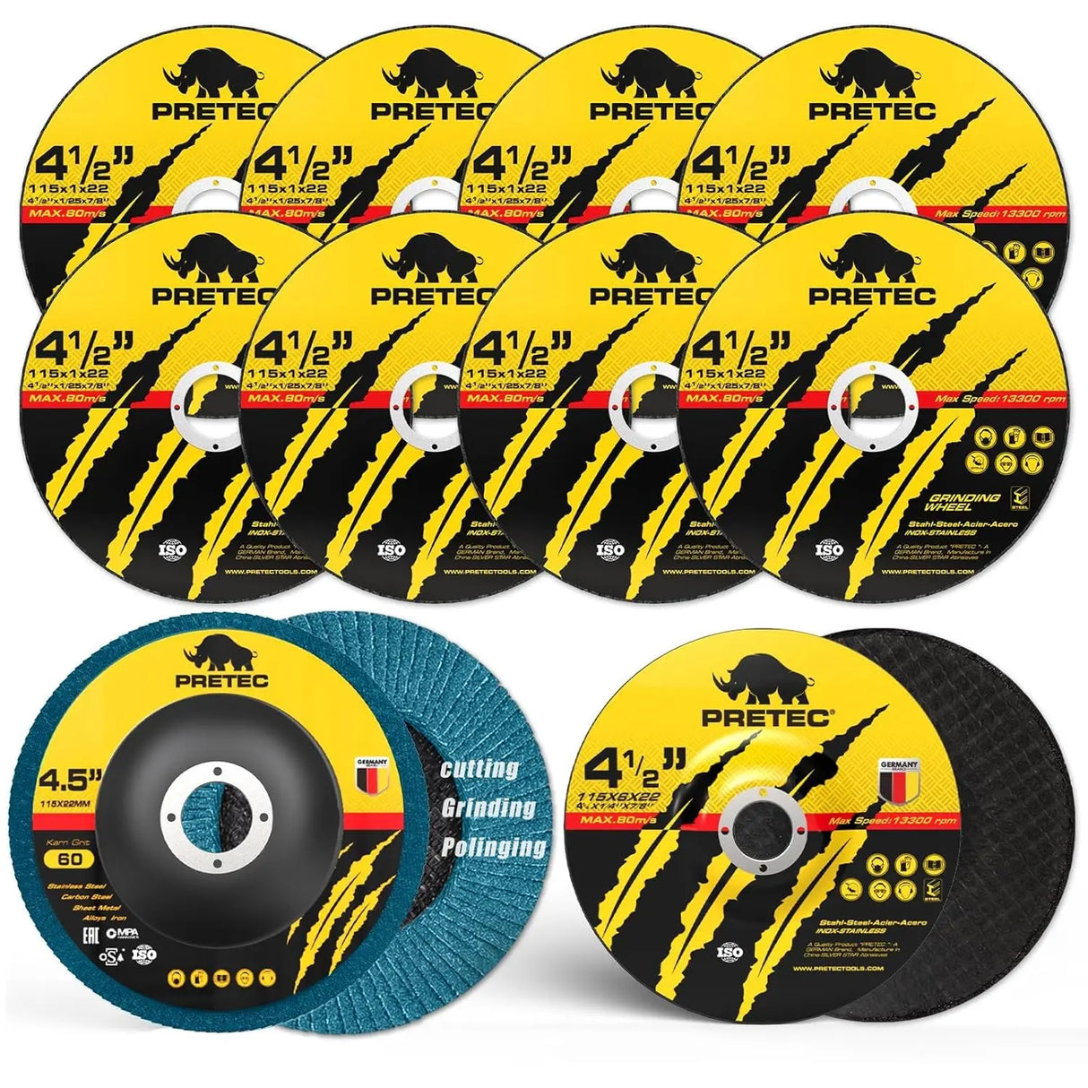 10-Piece 4-1/2" Angle Grinder Wheel Set β Cut-Off Wheels, Grinding Wheel & Flap Disc