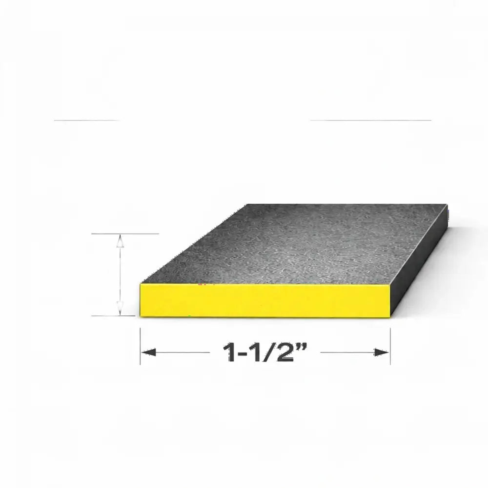 End view of flat bar measuring 3/16" x 1-1/2" showing dimensions and yellow edge for visibility.