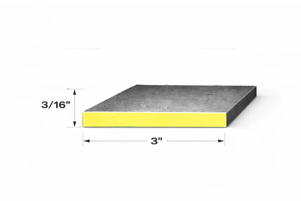 End view of flat bar measuring 3/16" x 3" showcasing its dimensions and structure.