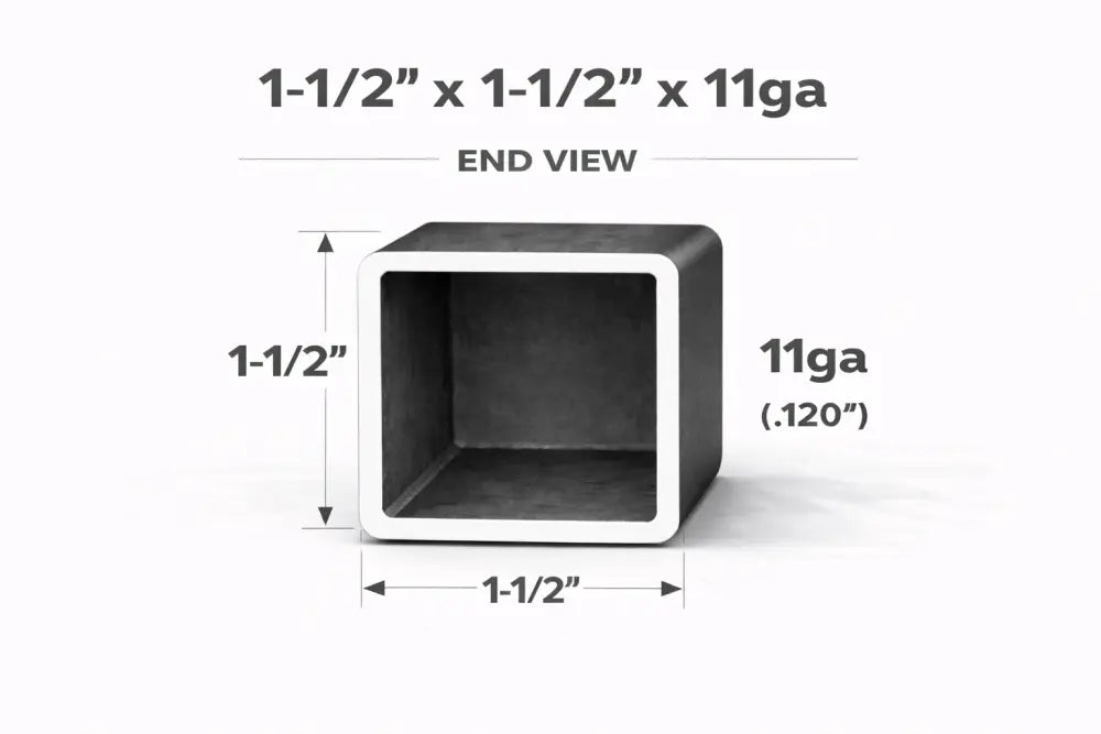 End view of square steel tubing measuring 1-1/2" x 1-1/2" x 11ga, showcasing dimensions and wall thickness.