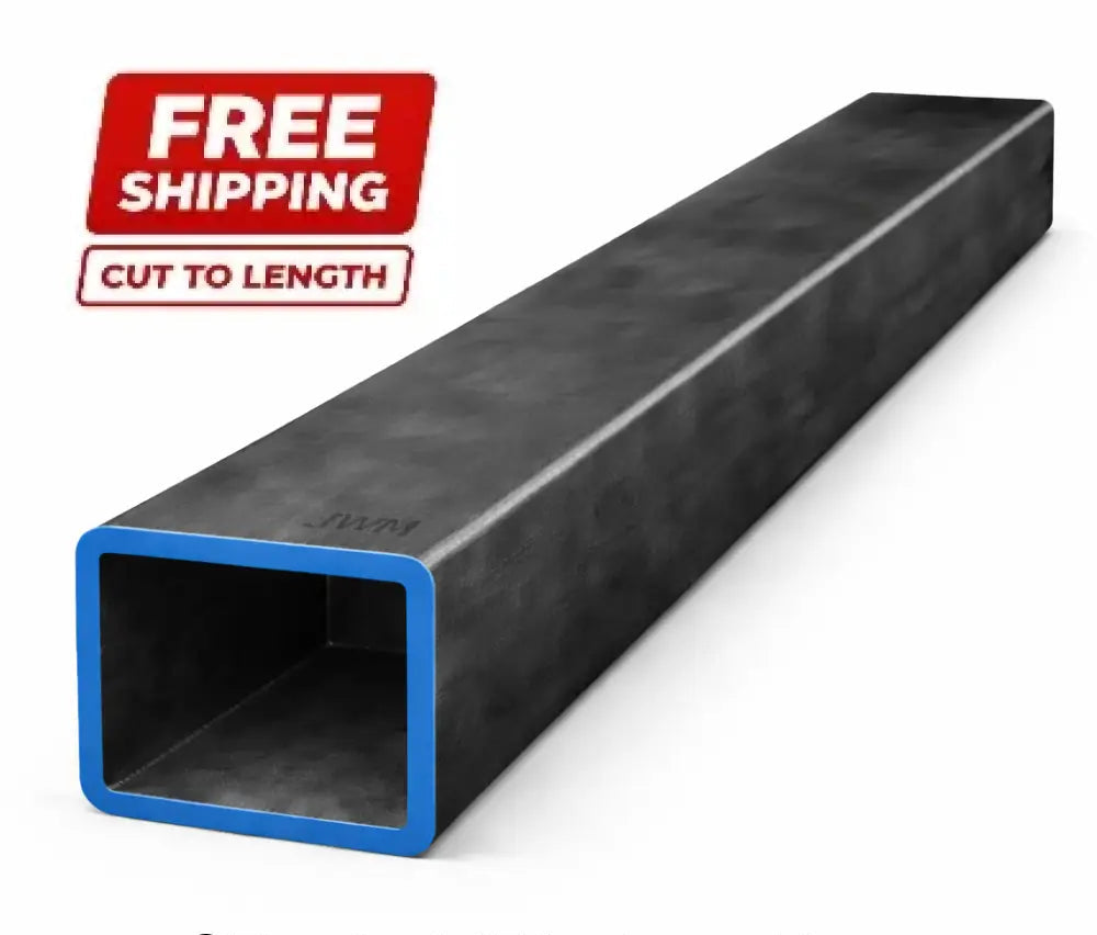 Square steel tubing 14ga (0.083") wall steel tubing with blue edge, ideal for construction and fabrication.