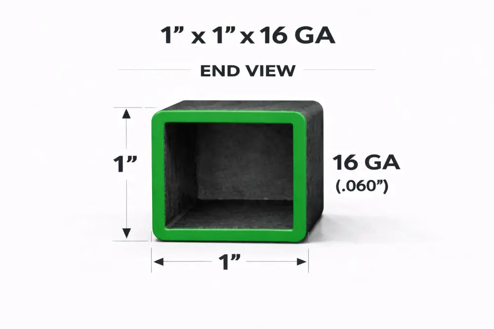End view of square tubing measuring 1" x 1" x 16 GA (.060"), showcasing dimensions and design.