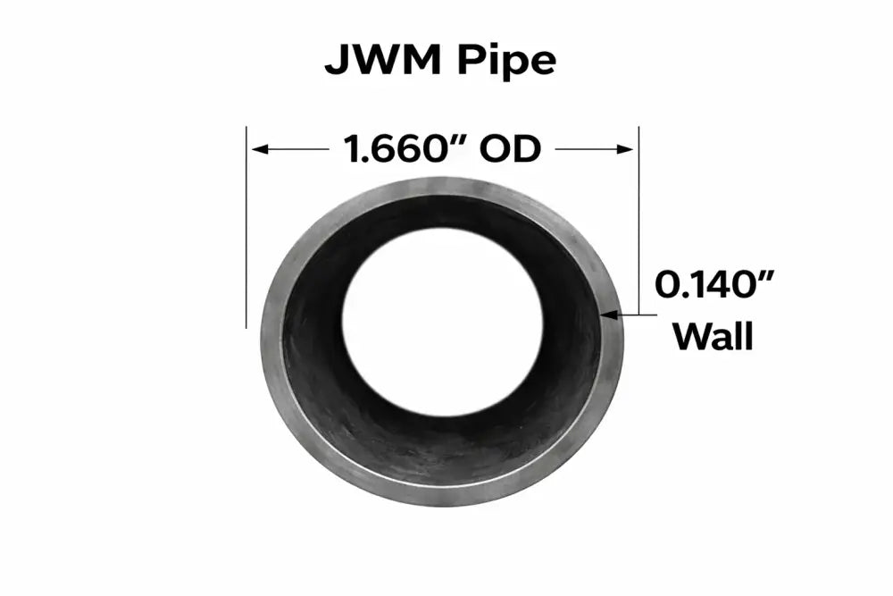 JWM Pipe showing 1.660" outer diameter and 0.140" wall thickness for steel pipe applications.