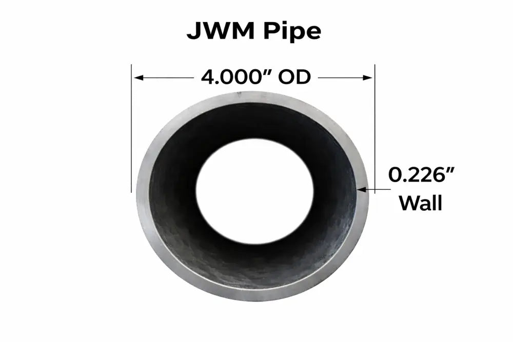 Image of JWM Pipe showing outer diameter of 4.000" and wall thickness of 0.226" for steel pipe applications.