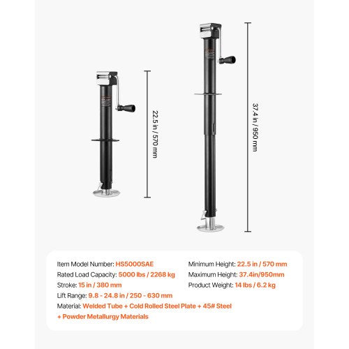 5000 Pound Trailer Jack – 9.8-24.8 Inch Lift, Bolt On
