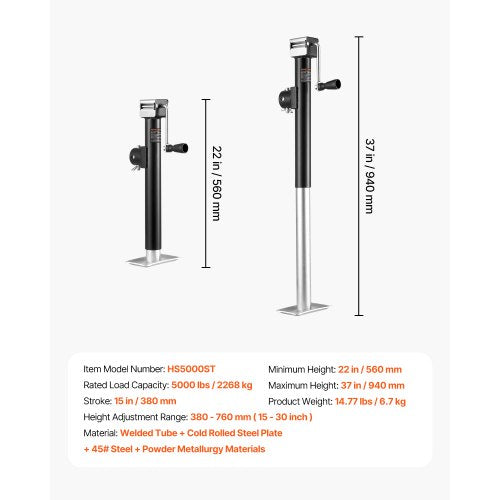 5000 lb Trailer Jack – Weld-On Swivel, 15-Inch Travel