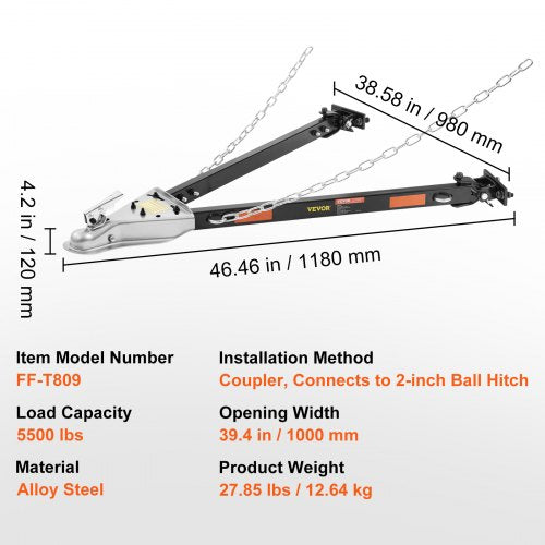 Tow Bar, 5500 lbs Towing Capacity with Chains, Powder-Coating Alloy Steel Bumper-Mounted Universal Towing Bar, Coupler Fits 2-Inch Ball Hitch, 39.4-Inch Opening Width, for RV Car Trailer Truck | US