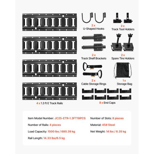 E-Track Rails – 4 Pack, 1.3 ft, Hooks, Tie-Down Kit