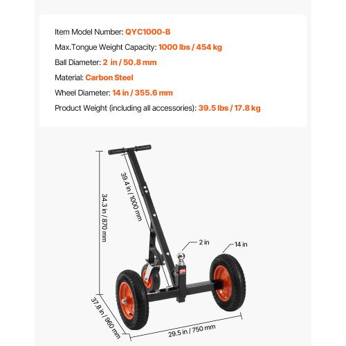 Adjustable Height Trailer Dolly – 1000 LBS, 14 Inch