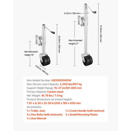 Trailer Jack with Wheel, 2000 lbs Load Capacity, Heavy Duty Swivel Boat Trailer Jack with PP Dual Wheel & Ergonomic Handle, 15-27 Inch Lift Range, Fit for RVs, Boats and Utility Trailers | US