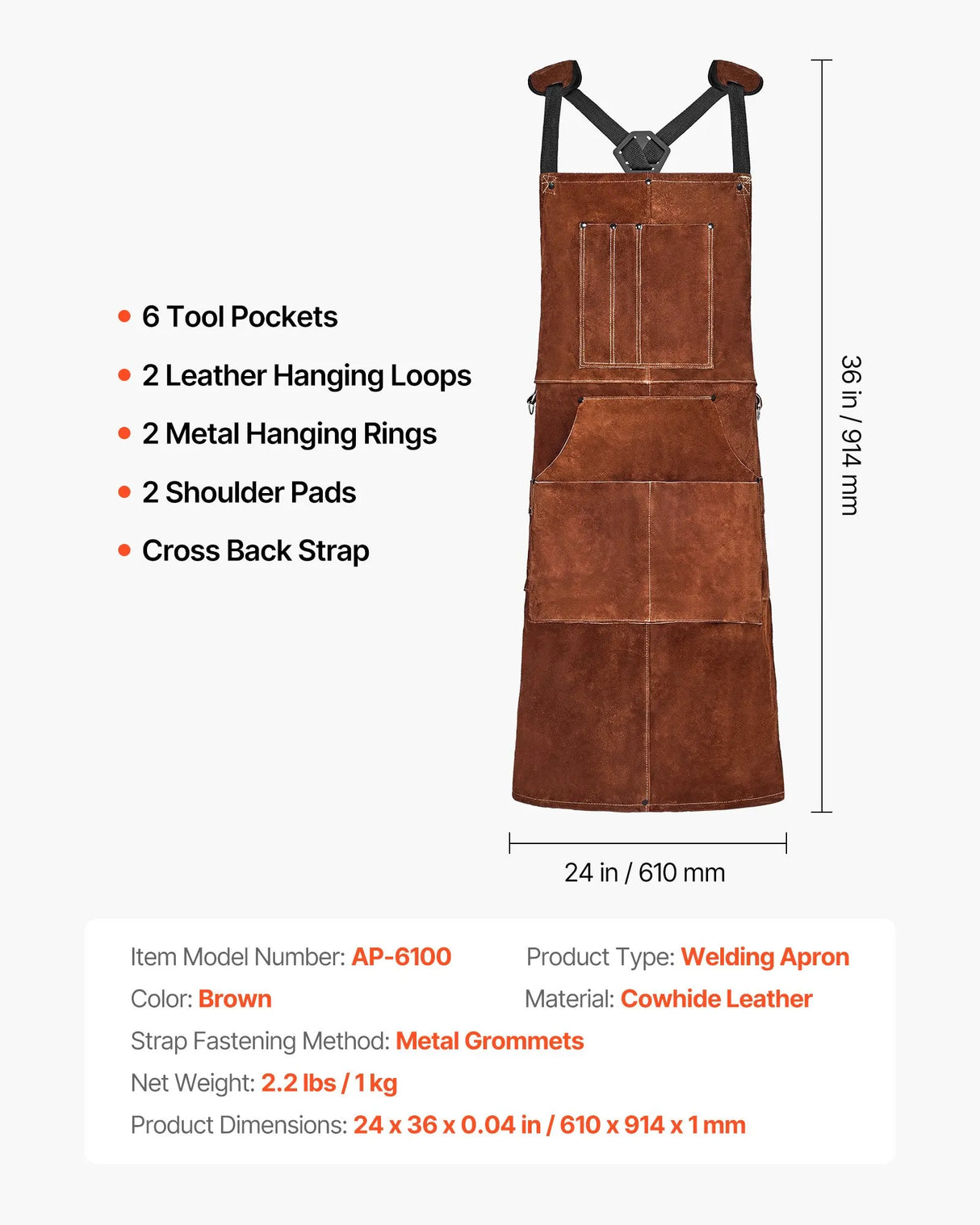 Premium Cowhide Leather Welding Apron – Heat & Flame Resistant with 6 Tool Pockets for Welding, Blacksmithing & Shop Work