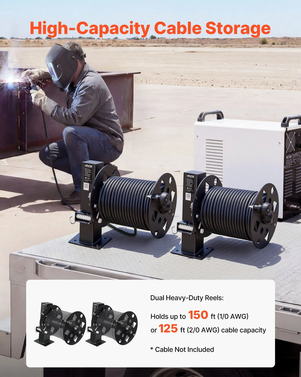 VEVOR Heavy-Duty Welding Cable Reel Set | Dual Powder-Coated Steel Cable Reels | Holds 150 ft 1/0 or 125 ft 2/0 Cable | 2-Pack