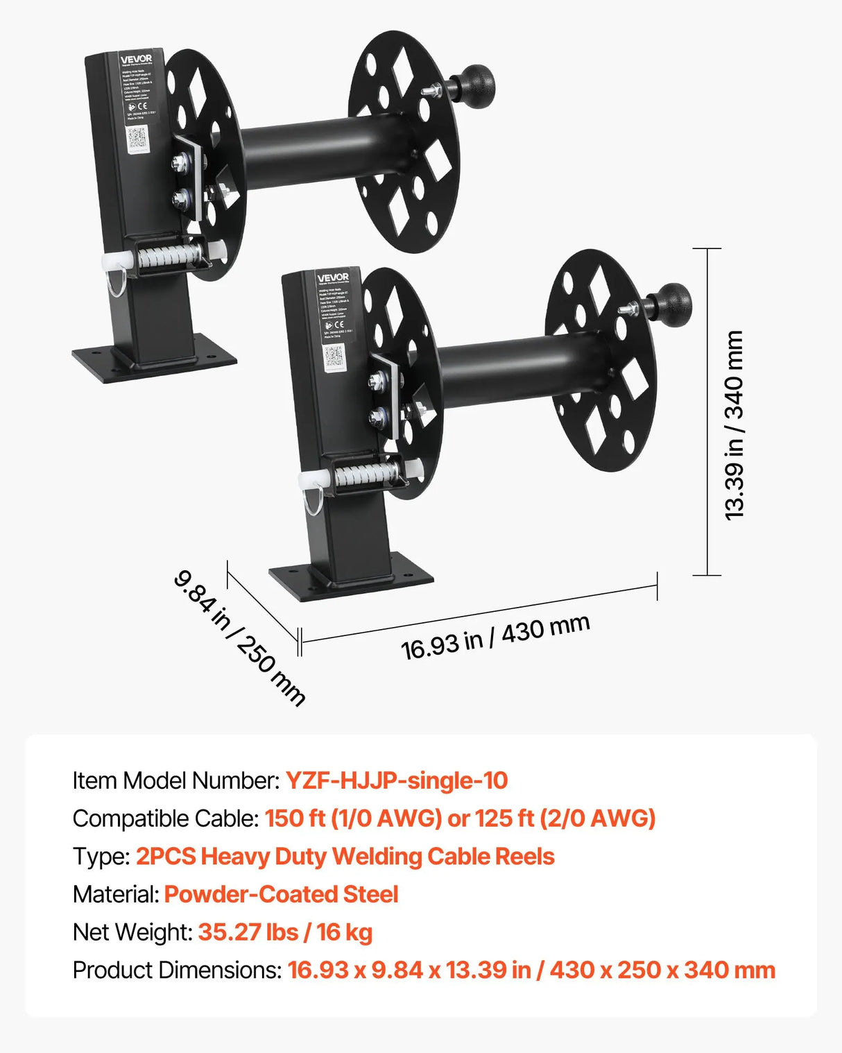 VEVOR Heavy-Duty Welding Cable Reel Set | Dual Powder-Coated Steel Cable Reels | Holds 150 ft 1/0 or 125 ft 2/0 Cable | 2-Pack