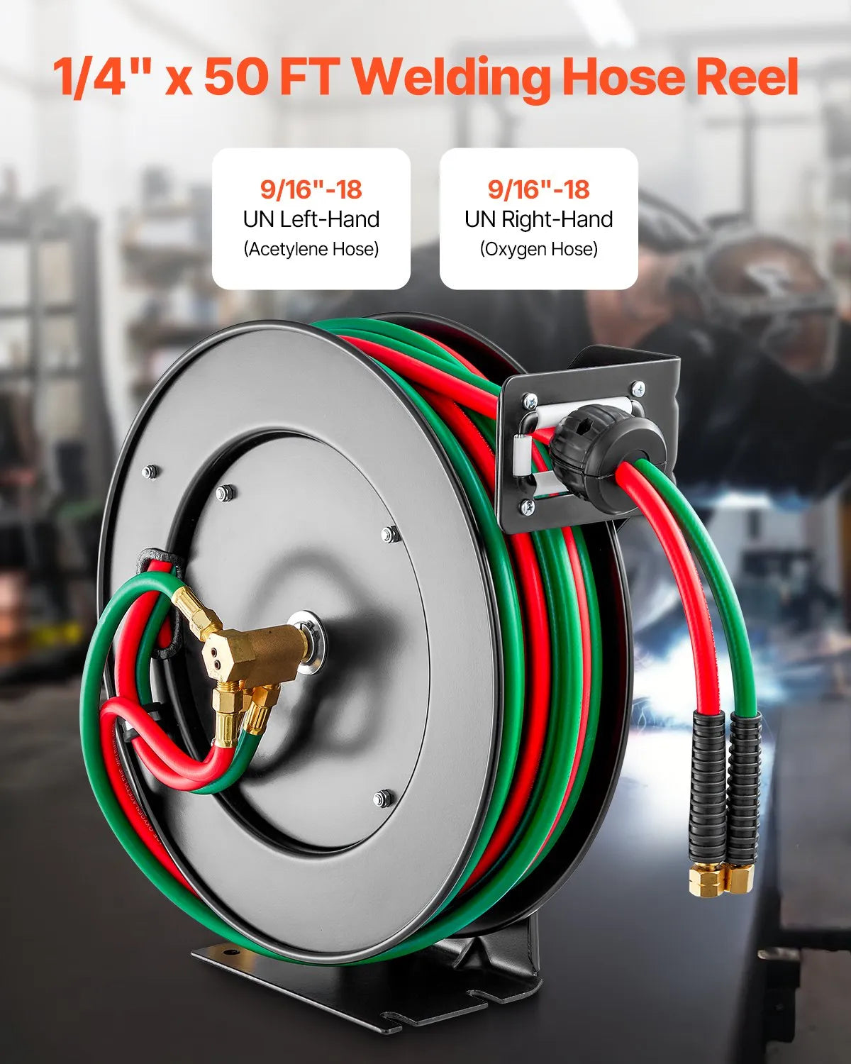 VEVOR Retractable Welding Hose Reel | 1/4" Twin Oxygen & Acetylene Hose | Auto Rewind | 50 ft & 100 ft
