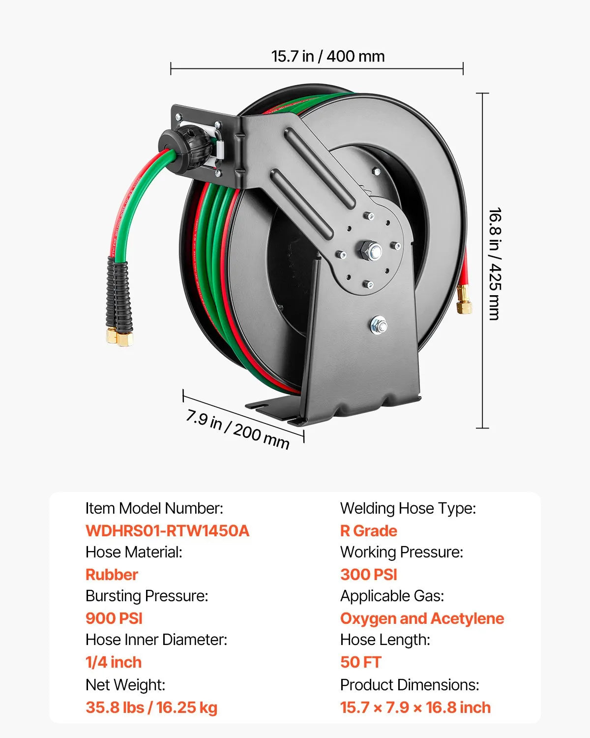 VEVOR Retractable Welding Hose Reel | 1/4" Twin Oxygen & Acetylene Hose | Auto Rewind | 50 ft & 100 ft