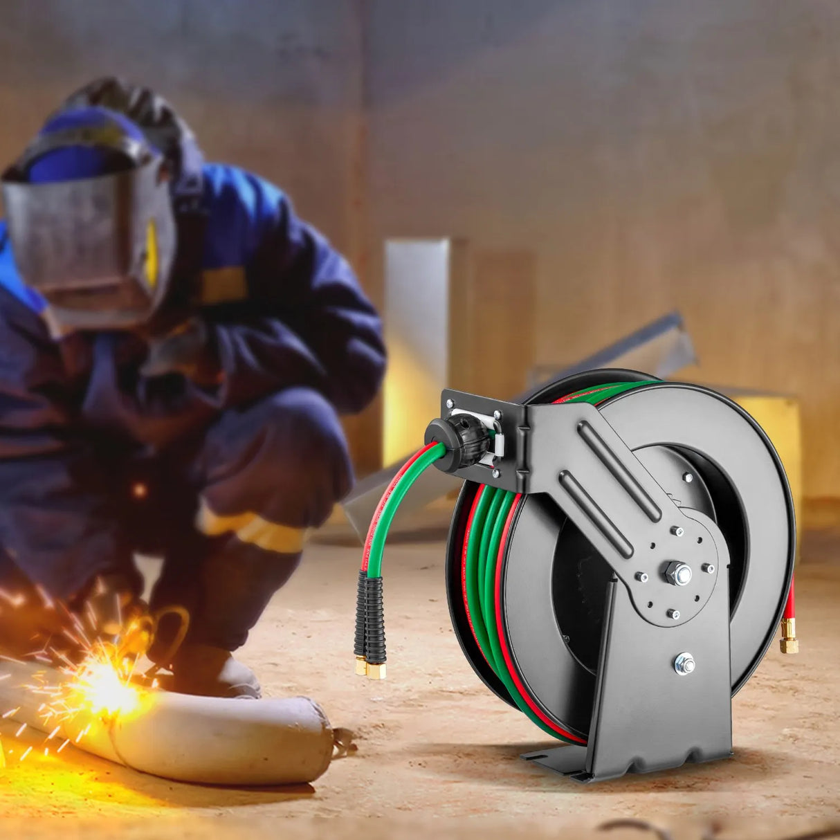 VEVOR Retractable Welding Hose Reel | 1/4" Twin Oxygen & Acetylene Hose | Auto Rewind | 50 ft & 100 ft
