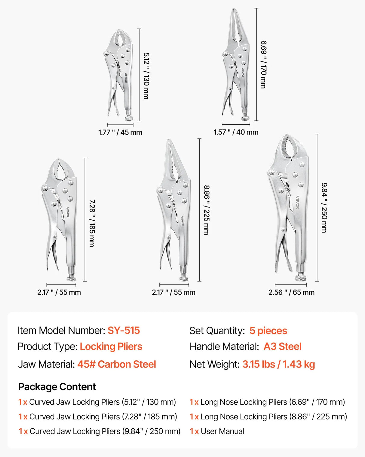5-Piece Locking Pliers Set – 5", 6.5", 7", 9" & 10" Curved Jaw & Long Nose Vise Grip Set
