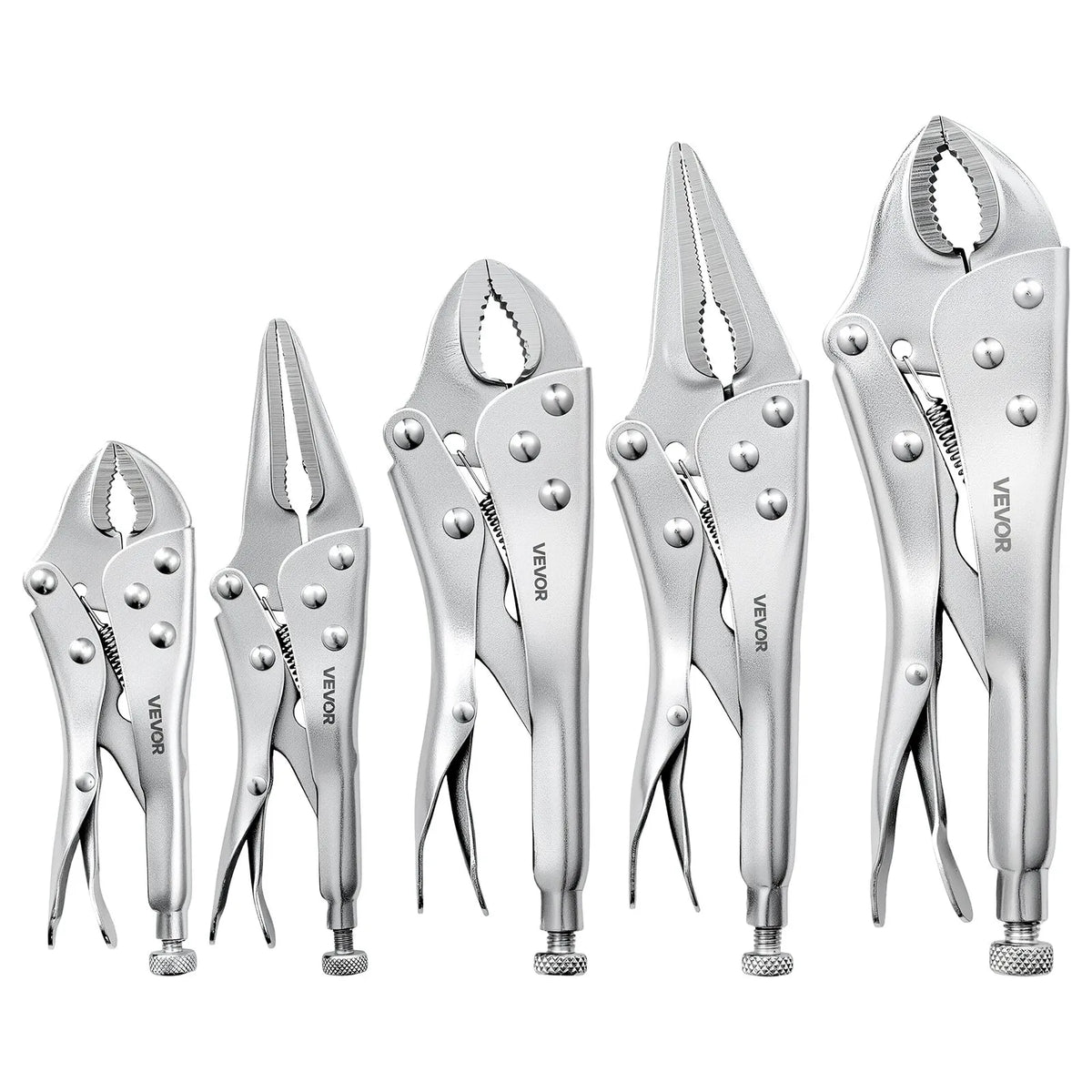 5-Piece Locking Pliers Set – 5", 6.5", 7", 9" & 10" Curved Jaw & Long Nose Vise Grip Set
