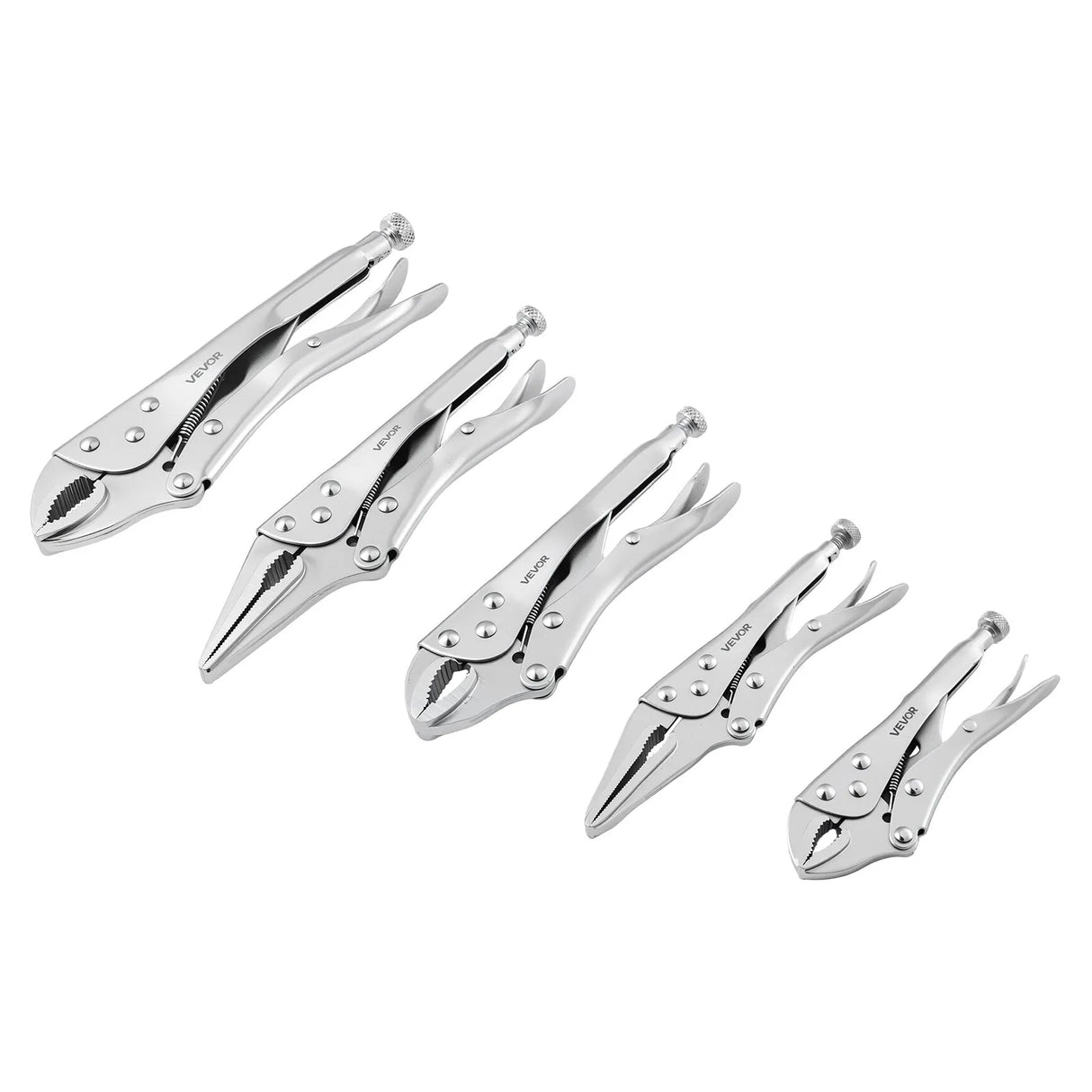 5-Piece Locking Pliers Set – 5", 6.5", 7", 9" & 10" Curved Jaw & Long Nose Vise Grip Set