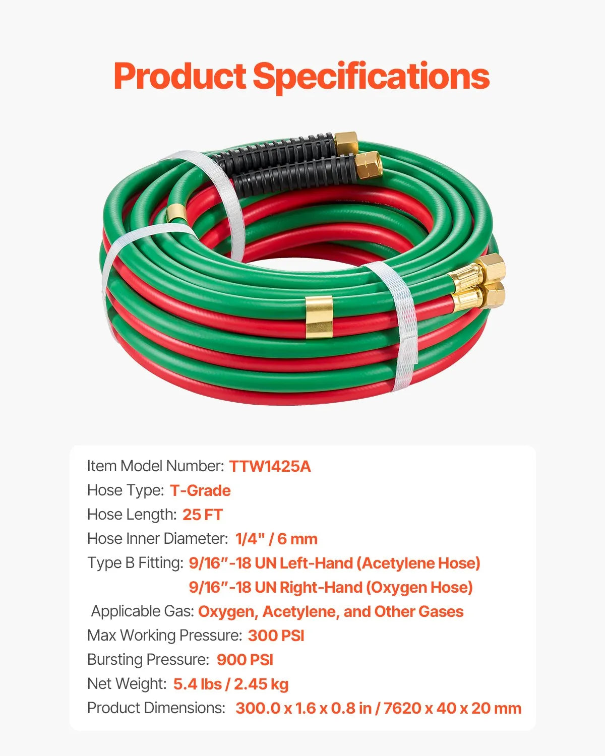 VEVOR Oxygen Acetylene Twin Welding Hose | 1/4" ID | 300 PSI | T Grade | 15 ft, 25 ft & 50 ft