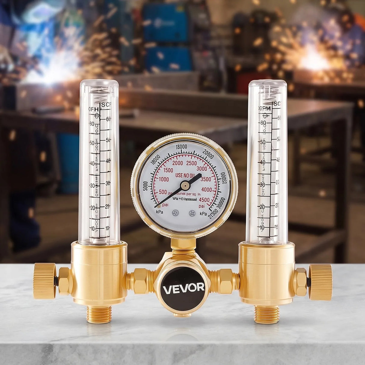 Dual Output Argon Flow Meter Regulator with Dual 6.6 ft Hoses – CGA580 TIG MIG Welding Gas Regulator