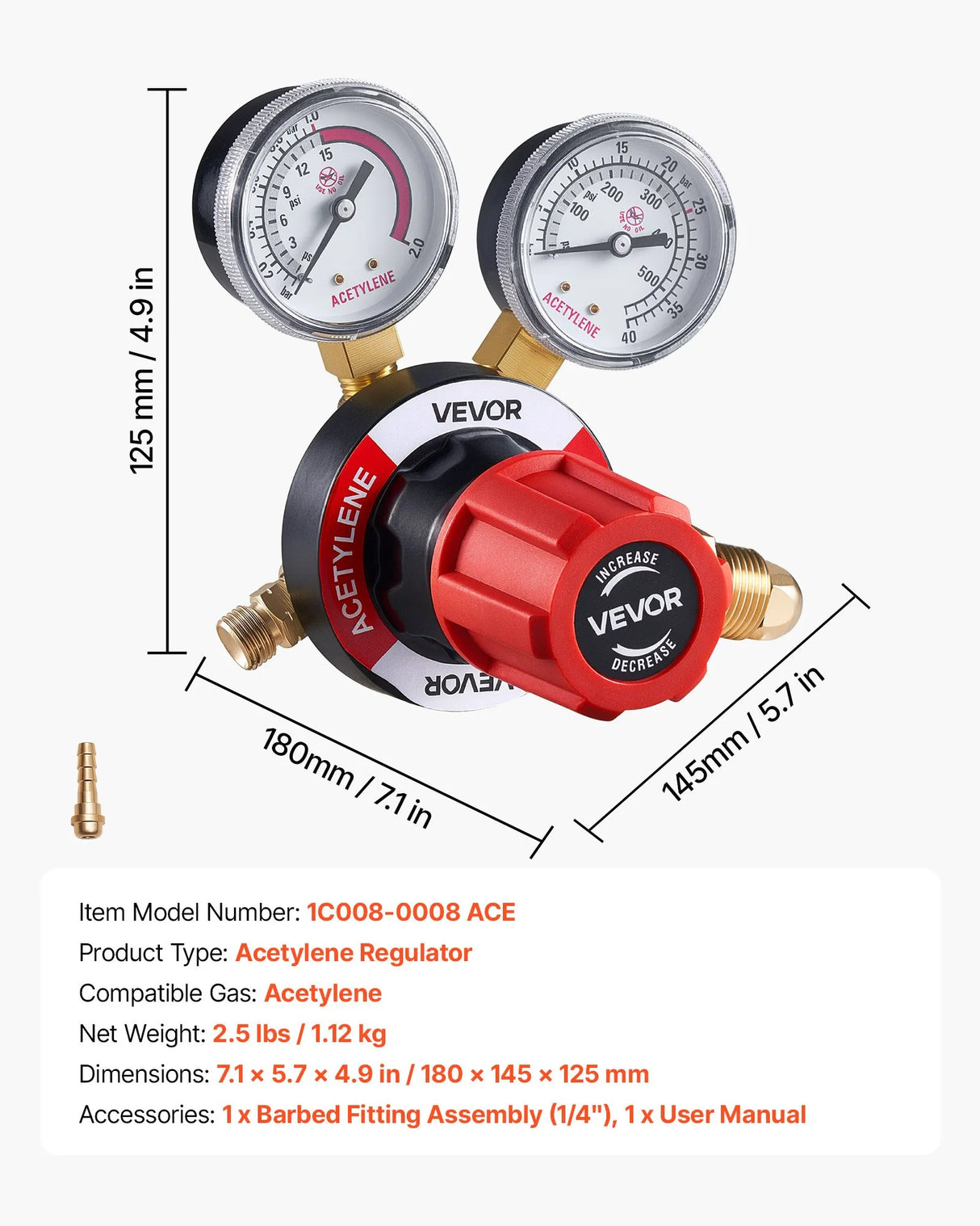 VEVOR Acetylene Regulator, 0–500 PSI Gas Pressure Regulator with Dual Gauges, CGA-510 Inlet & 9/16"-18 LH Outlet for Welding & Cutting