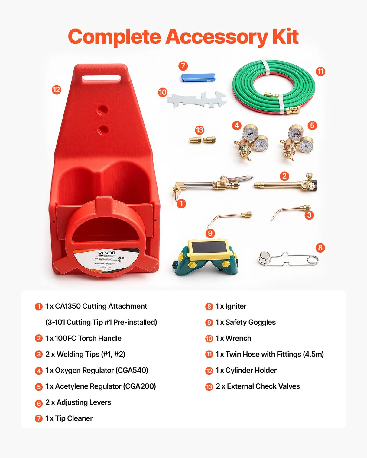 VEVOR Oxygen Acetylene Torch Kit with Check Valves & Cylinder Holder, 15 Ft Twin Hose, Welding & Cutting Outfit