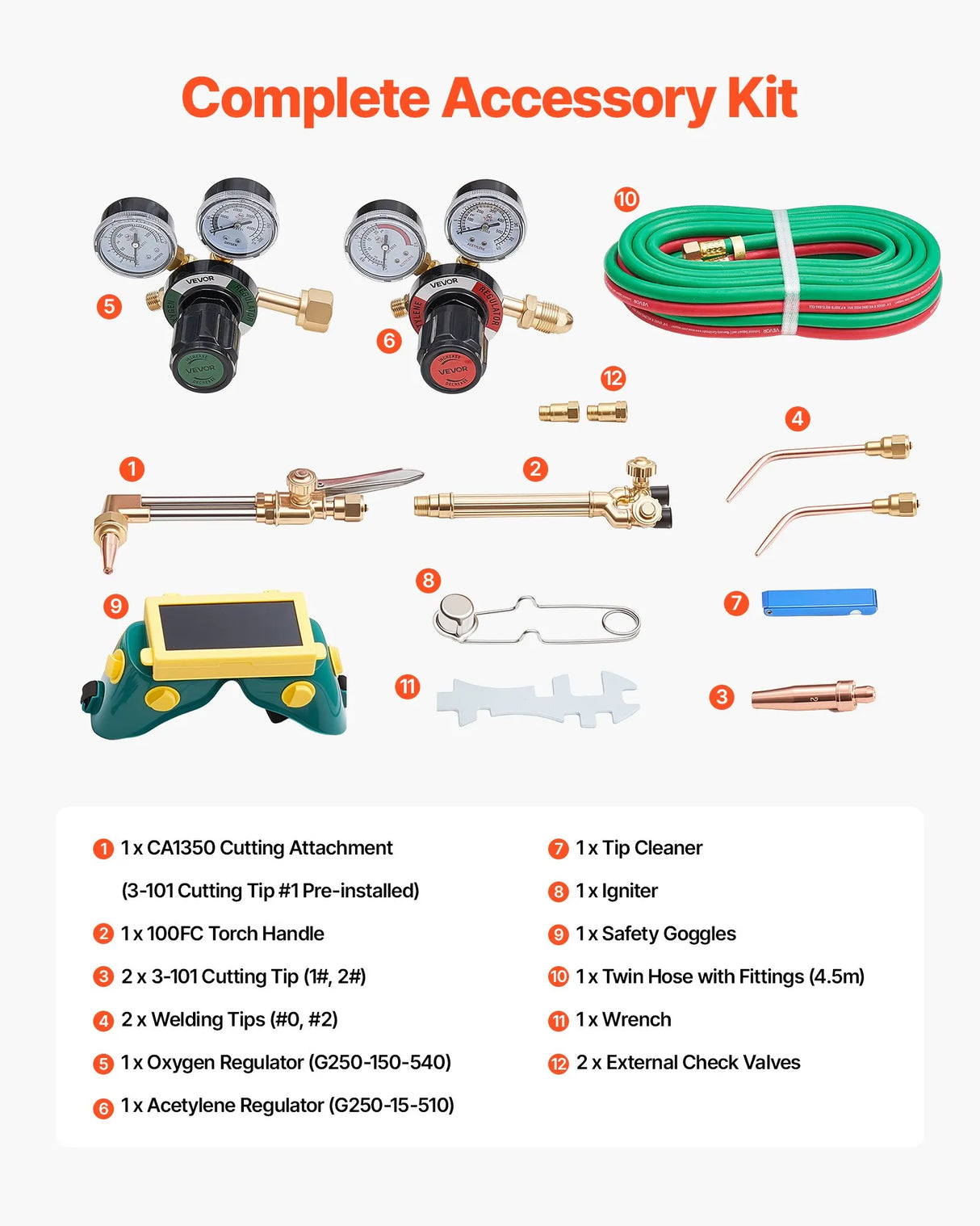 VEVOR Oxygen Acetylene Torch Kit with Check Valves | 15 Ft Twin Hose | 2 Cutting Tips & 2 Welding Tips