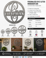 12"–30" Personalized Split Letter Monogram Metal Sign – Custom Family Name – Raw Steel