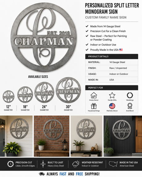 12"–30" Personalized Split Letter Monogram Metal Sign – Custom Family Name – Raw Steel