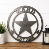 Personalized Texas Star Metal Sign – Custom Family Name Steel Wall Decor – Raw Unpainted Steel – 12", 18", 24", 30"