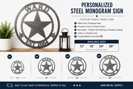 Personalized Texas Star Metal Sign – Custom Family Name Steel Wall Decor – Raw Unpainted Steel – 12", 18", 24", 30"