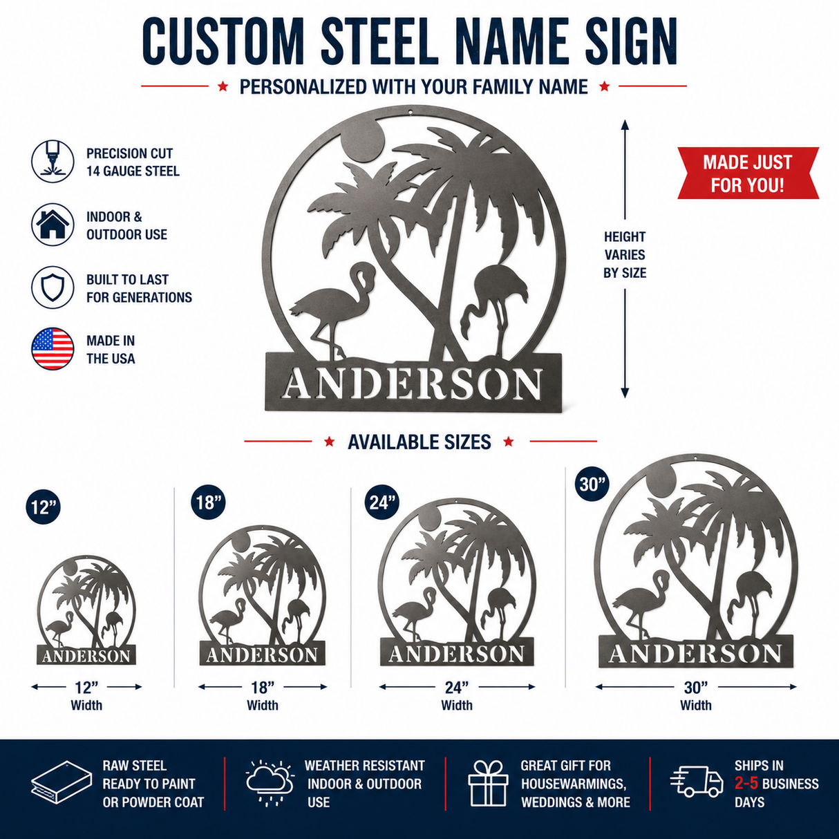 Personalized Tropical Flamingo Metal Sign – Custom Family Name Steel Wall Art – Raw Unpainted Steel – 12", 18", 24", 30"