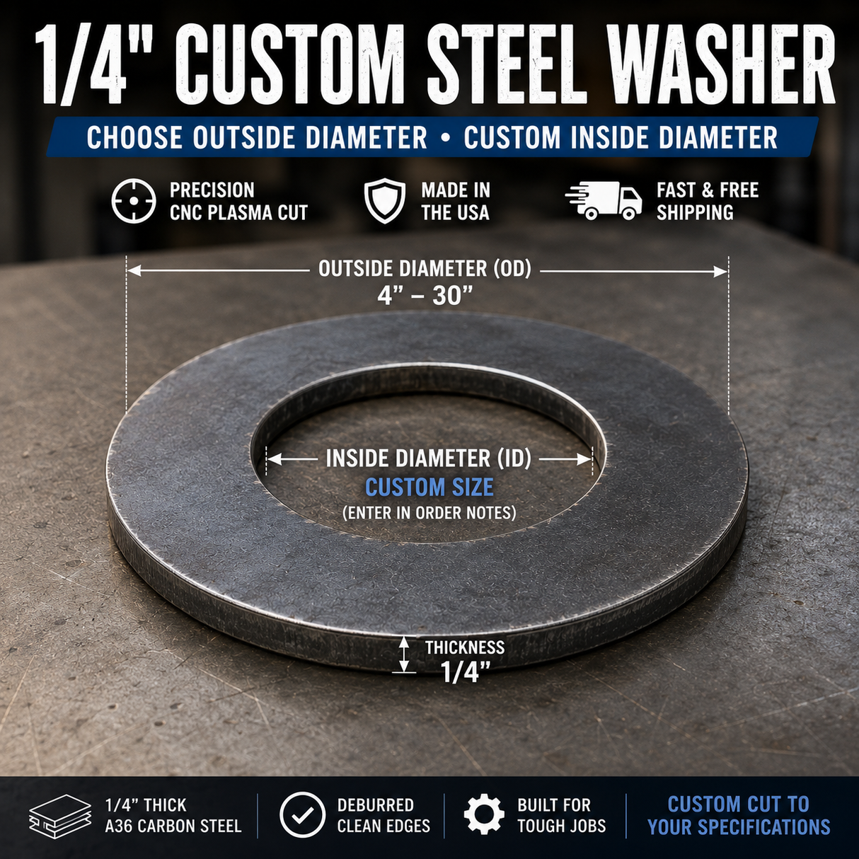 1/4" Steel Plate Washer – Custom Inside Diameter – Select OD Size
