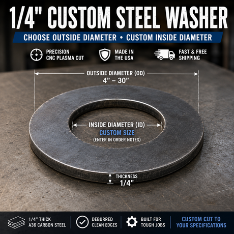 1/4" Steel Plate Washer – Custom Inside Diameter – Select OD Size