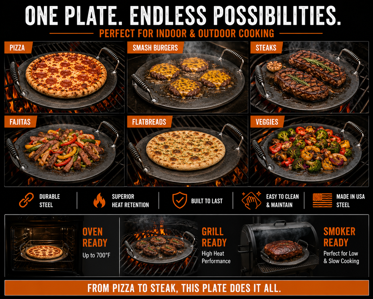 1/4" Steel Pizza Plate with Welded Spring Handles – Pre-Seasoned Cooking Steel for Pizza, Grill & Oven – USA Made Steel