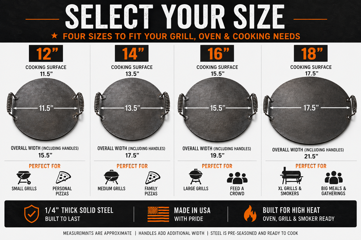 1/4" Steel Pizza Plate with Welded Spring Handles – Pre-Seasoned Cooking Steel for Pizza, Grill & Oven – USA Made Steel