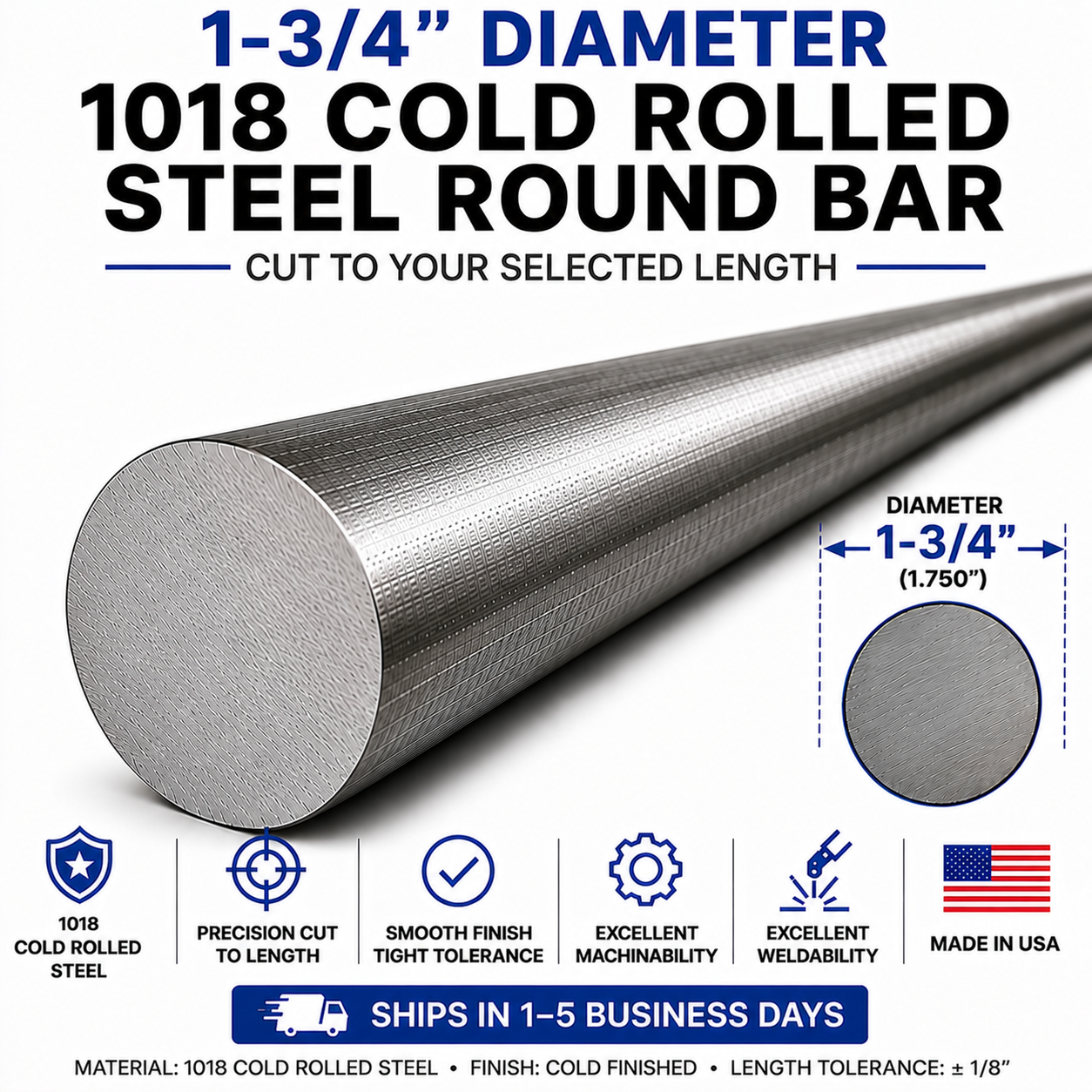 1-3/4" Diameter 1018 Cold Rolled Steel Round Bar – Cut to Length