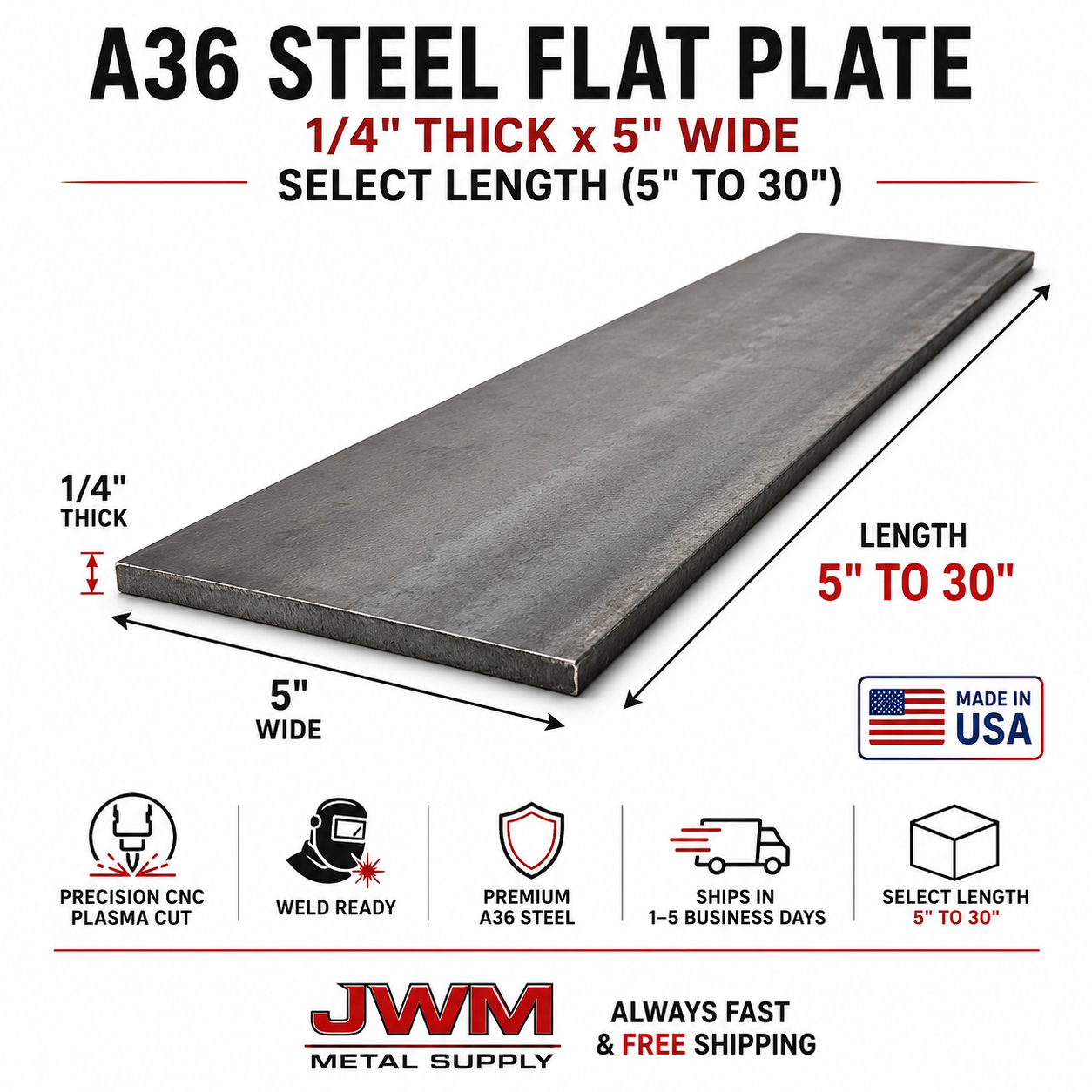 1/4" Thick × 5" Wide A36 Steel Flat Plate – Select Length (5"–30")
