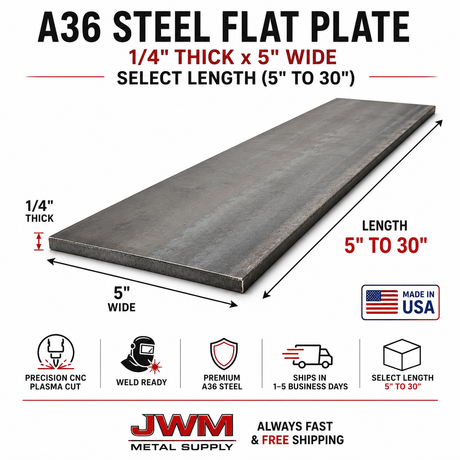 1/4" Thick × 5" Wide A36 Steel Flat Plate – Select Length (5"–30")